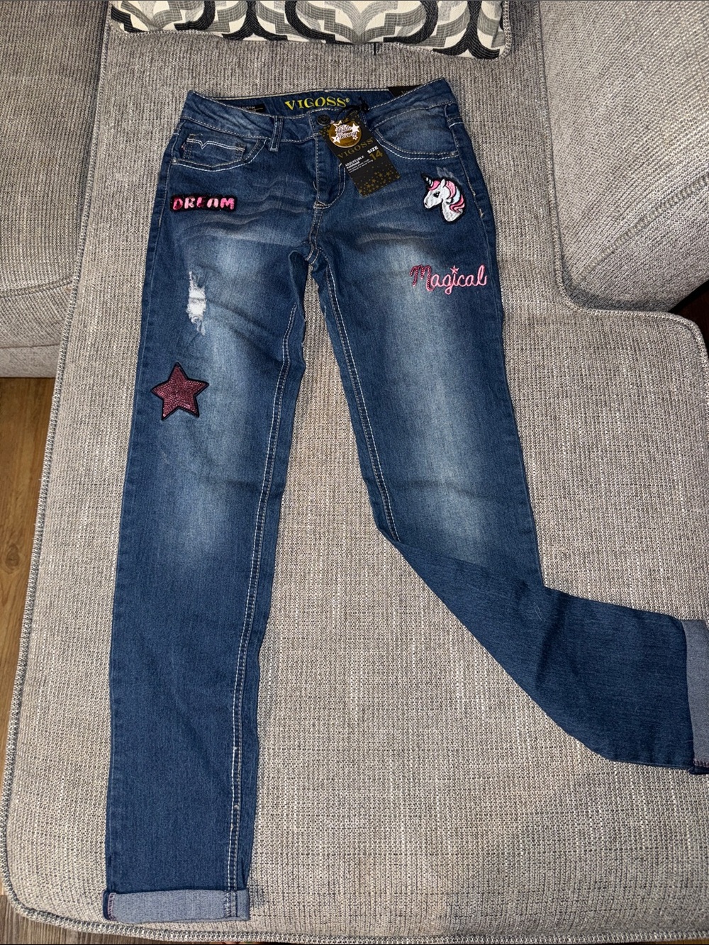 Vigoss Blue Skinny Jeans with Pink Embroidered Unicorn & Star Patches